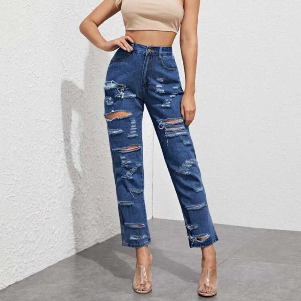 Distressed Ripped High Rise Mom Jeans - Picture 5 of 11